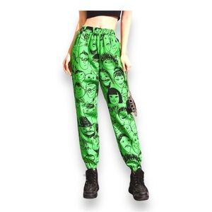 XS Shein Neon Green Face Print Jogger Pant Pull On Elastic Waistband